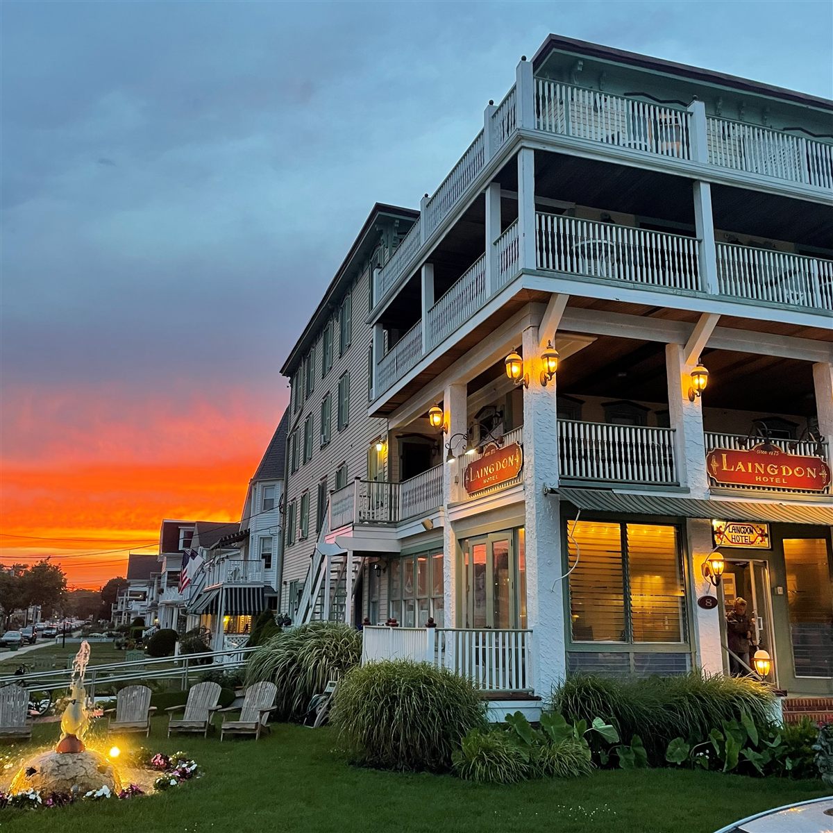 The Laingdon Hotel, a Victorian wedding venue on the oceanfront in Ocean Grove, NJ, at sunset