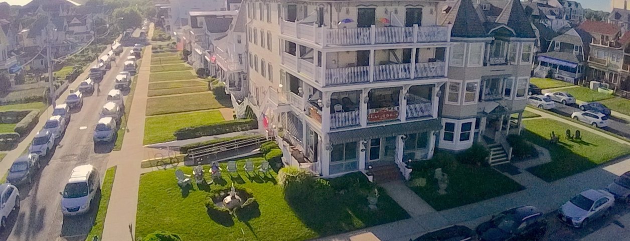 Aerial view of the Laingdon Hotel on Ocean Avenue, an oceanfront wedding venue in Ocean Grove, NJ